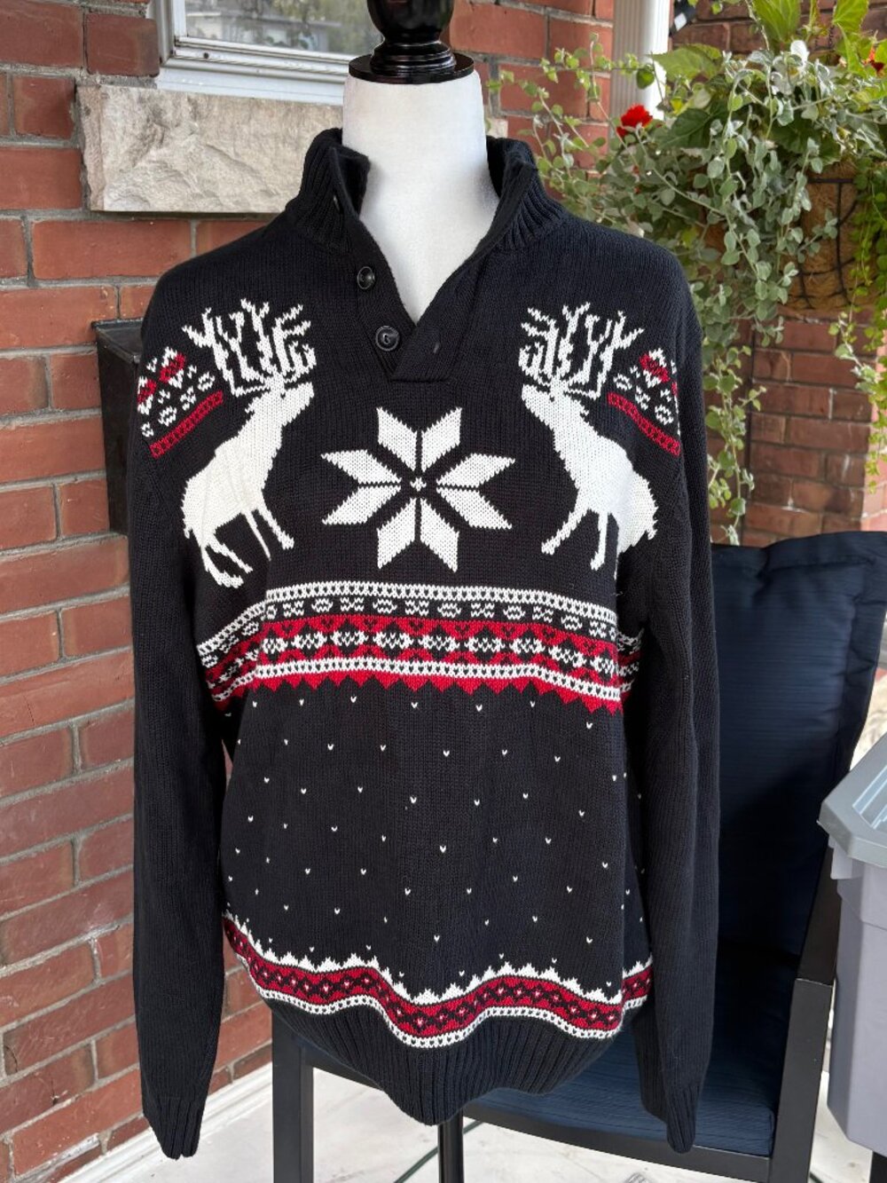 Chaps Black Festive Reindeer Holiday Mock Neck Sweater